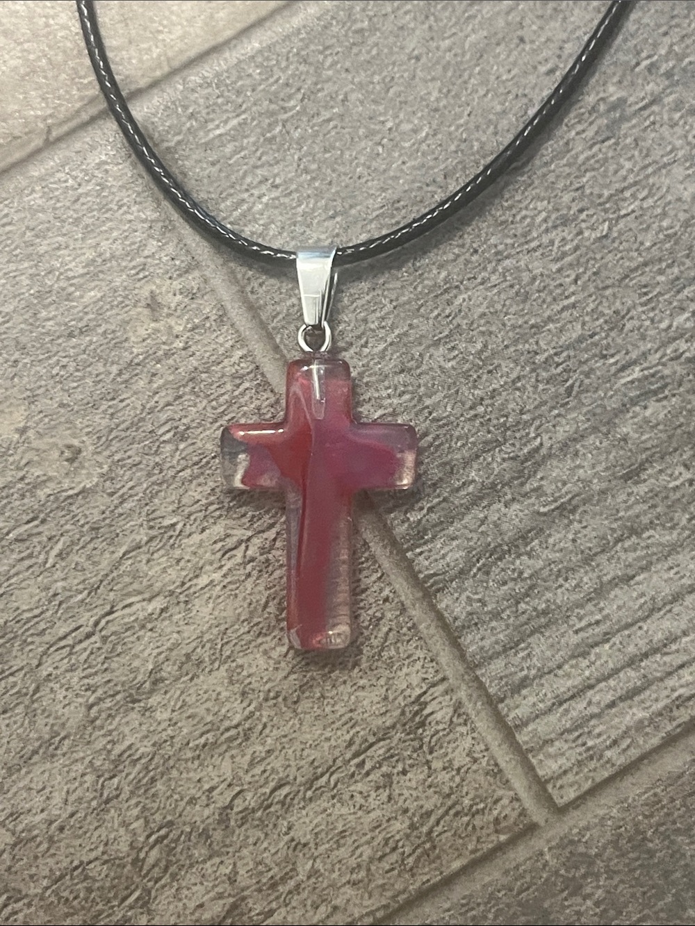 Pink Resin Cross Pendant Necklace on Black Cord